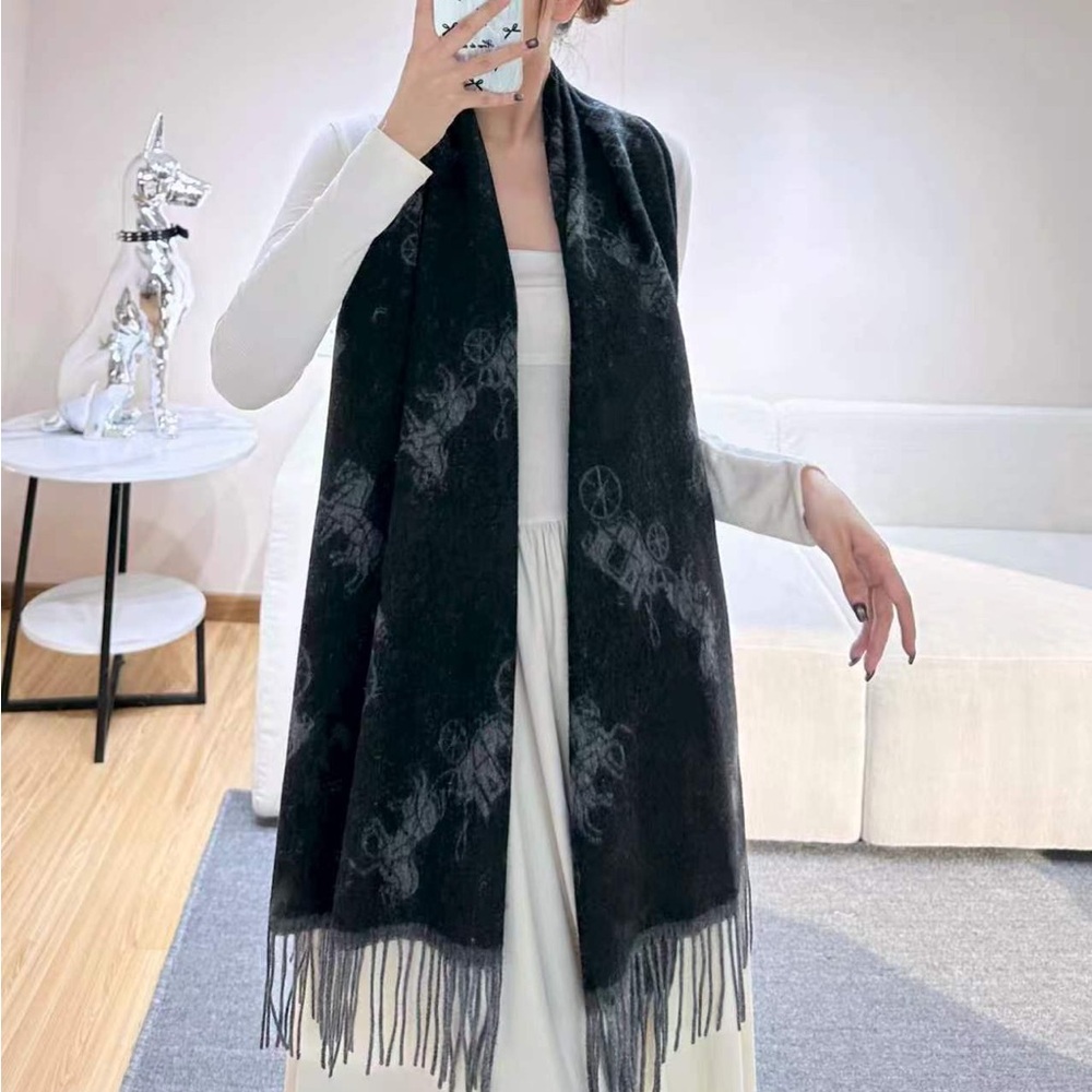 Coach Black Logo Jacquard Fringe Scarf Wrap